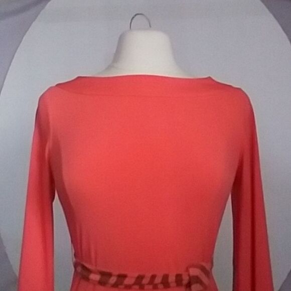 Attention Deep Coral 70s  80s 90s Style Body Con Dress Tiger Stripe Sash size XS - Picture 5 of 12